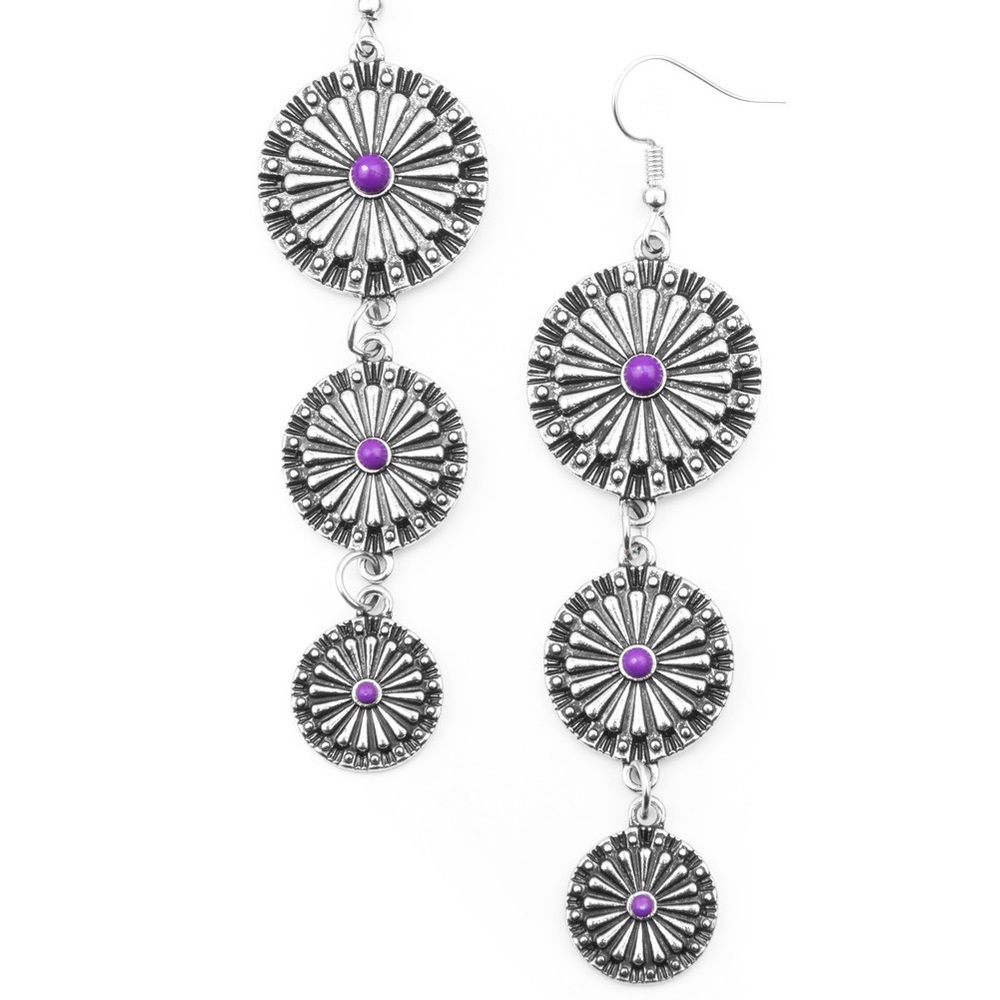 Silver and Purple Fishhook Dangling Earrings